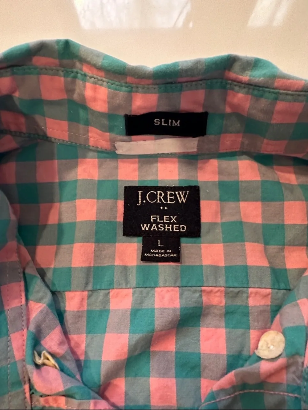 J. Crew Slim Flex Washed Gingham Button Down Shirt Pink Teal Mens‎ Large